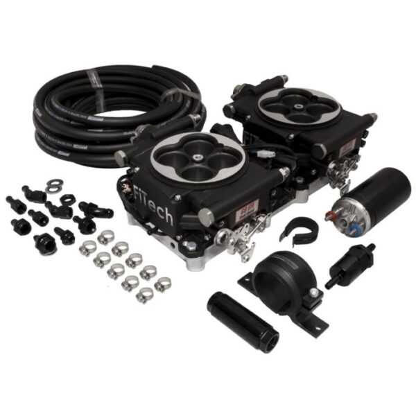 FiTech Go EFI 2x4 Dual-Quad 625 HP Self-Tuning Fuel Injection Systems Master Kit With Inline Fuel Pump, Matte Black Finish, 31062